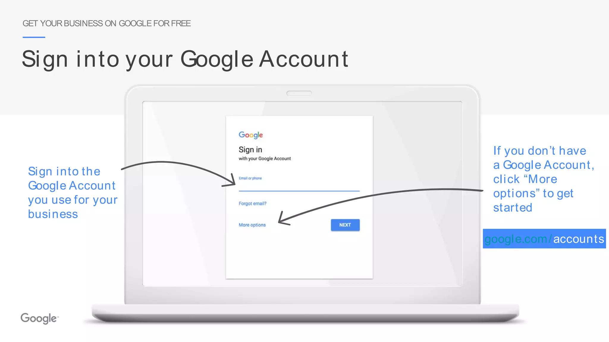 GET YOURBUSINESS ON GOOGLEFORFREE
Sign into your Google Account
Sign into the
Google Account
you use for your
business
If you don’t have
a Google Account,
click “More
options” to get
started
google.com/accounts
 