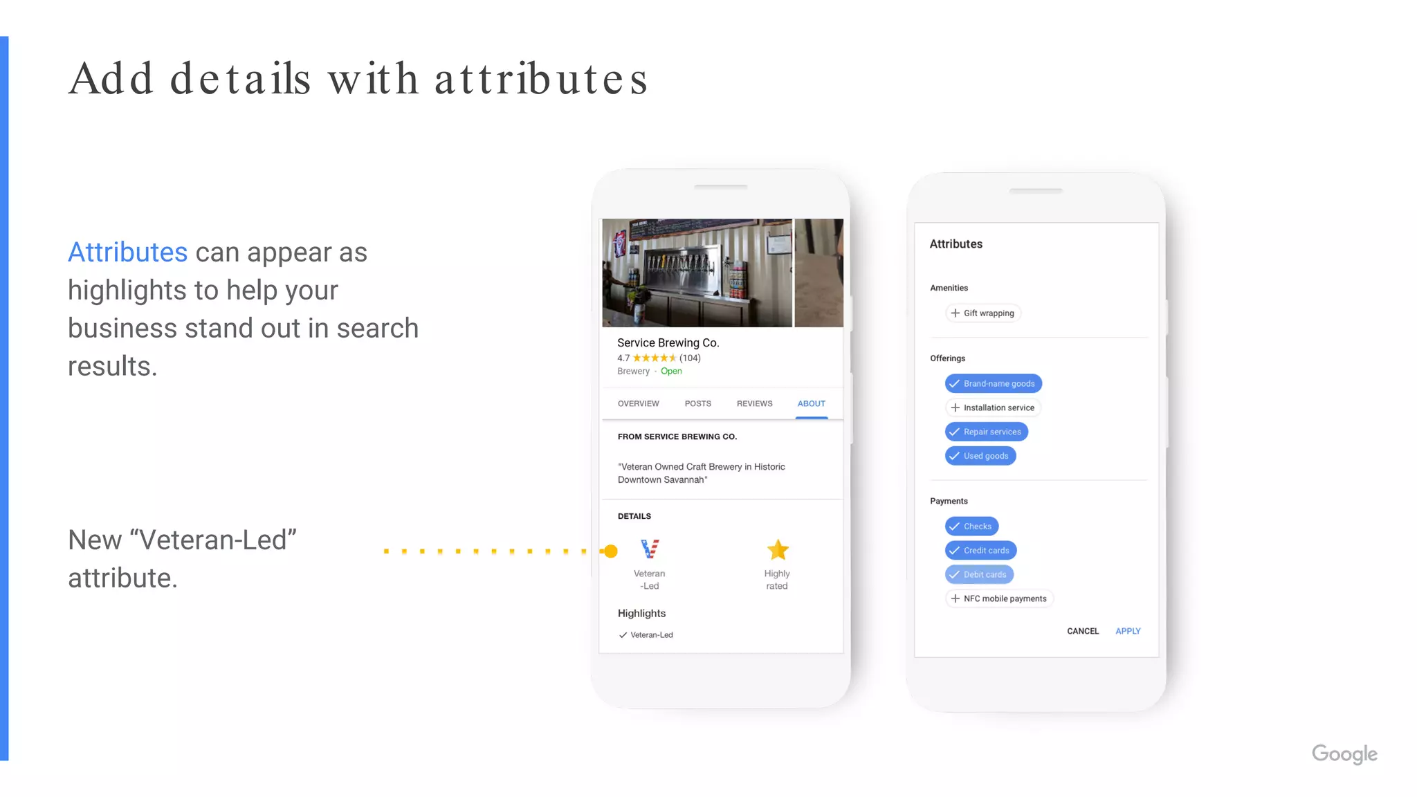 Add details with attributes
Attributes can appear as
highlights to help your
business stand out in search
results.
New “Veteran-Led”
attribute.
 