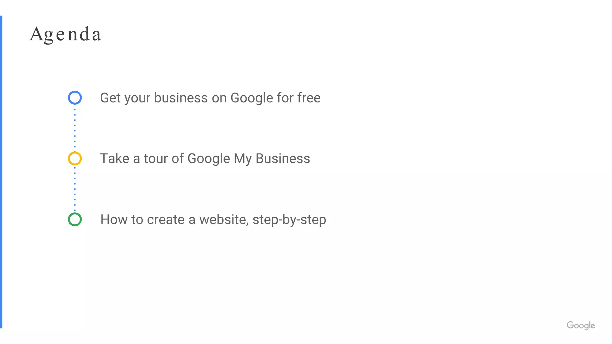 Agenda
Get your business on Google for free
Take a tour of Google My Business
How to create a website, step-by-step
 