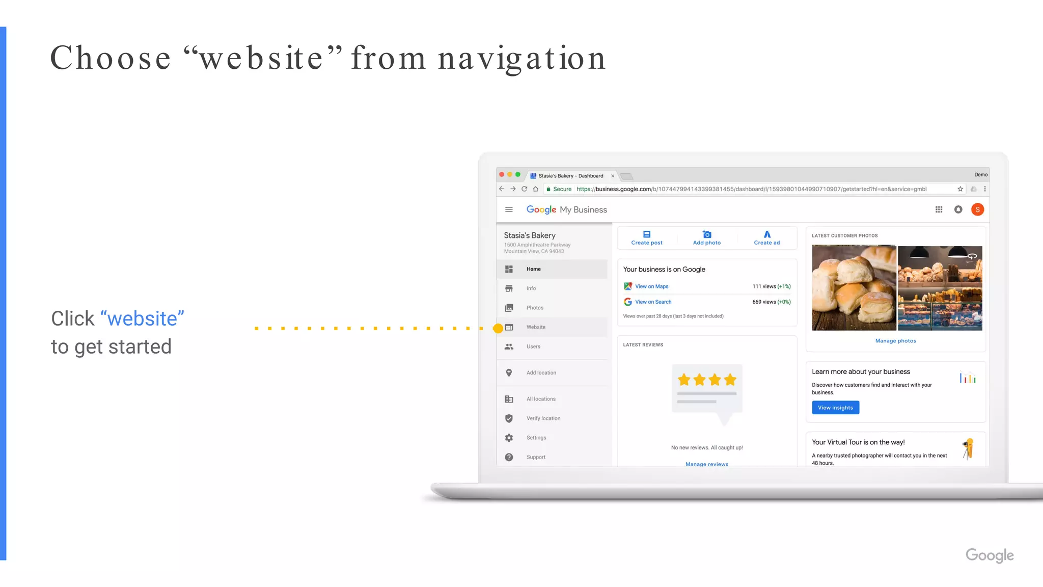 Choose “website” from navigation
Click “website”
to get started
 