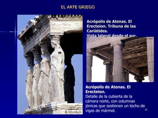 Acrópolis de Atenas. El Erecteion. Tribuna de las Cariátides.    Vista lateral desde el sur.    Acrópolis de Atenas. El Erecteion.      Detalle de la cubierta de la cámara norte, con columnas jónicas que sostienen un techo de vigas de mármol.    