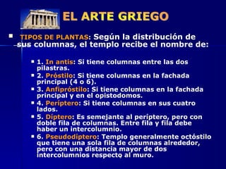 TIPOS DE PLANTAS :  Según la distribución de sus columnas, el templo recibe el nombre de:  1.  In antis : Si tiene columnas entre las dos pilastras.  2.   Próstilo : Si tiene columnas en la fachada principal (4 o 6).  3.  Anfipróstilo : Si tiene columnas en la fachada principal y en el opistodomos.  4.  Períptero : Si tiene columnas en sus cuatro lados.  5.  Díptero : Es semejante al períptero, pero con doble fila de columnas. Entre fila y fila debe haber un intercolumnio.  6.  Pseudodíptero : Templo generalmente octóstilo que tiene una sola fila de columnas alrededor, pero con una distancia mayor de dos intercolumnios respecto al muro.  