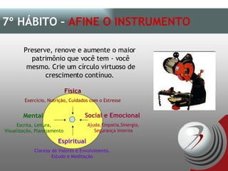 Preserve, renove e aumente o maior  patrimônio que você tem - você mesmo. Crie um círculo virtuoso de crescimento contínuo.  7º HÁBITO –  AFINE O INSTRUMENTO Física Exercício, Nutrição, Cuidados com o Estresse Mental   Escrita, Leitura, Visualização, Planejamento Social e Emocional  Ajuda,Empatia,Sinergia, Segurança Interna Espiritual Clareza de Valores e Envolvimento, Estudo e Meditação 
