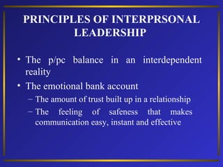 PRINCIPLES OF INTERPRSONAL
LEADERSHIP
• Six major deposits
– Keeping commitments
• Keep a promise you have made or explain...