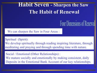 Habit Seven - Sharpen the Saw
The Habit of Renewal

We can sharpen the Saw in Four Areas :
Spiritual (Spirit):
We develop spiritually through reading inspiring literature, through
meditating and praying and through spending time with nature.
Social / Emotional (Other Relationships) :
We mature socially and emotionally by making consistent, daily
Deposits in the Emotional Bank Account of our key relationships.

 
