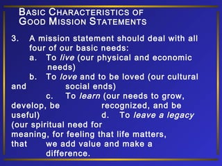 B ASIC C HARACTERISTICS OF
G OOD M ISSION S TATEMENTS
3.

A mission statement should deal with all
four of our basic needs:
a. To live (our physical and economic
needs)
b. To love and to be loved (our cultural
and
social ends)
c.
To learn (our needs to grow,
develop, be
recognized, and be
useful)
d. To leave a legacy
(our spiritual need for
meaning, for feeling that life matters,
that
we add value and make a
difference.

 