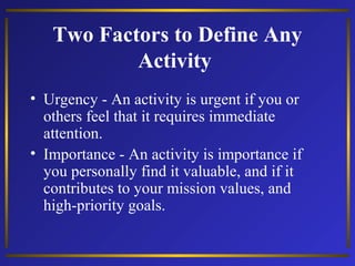 Two Factors to Define Any
Activity
• Urgency - An activity is urgent if you or
others feel that it requires immediate
attention.
• Importance - An activity is importance if
you personally find it valuable, and if it
contributes to your mission values, and
high-priority goals.

 