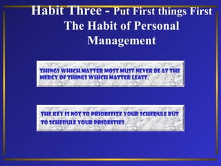 Habit Three - Put First things First
The Habit of Personal
Management
Things which matter most must never be at the
mercy of things which matter least.

The Key is not to prioritize your schedule but
to schedule your priorities.

 