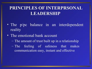 PRINCIPLES OF INTERPRSONAL
LEADERSHIP
• The p/pc balance in an interdependent
reality
• The emotional bank account
– The amount of trust built up in a relationship
– The feeling of safeness that makes
communication easy, instant and effective

 
