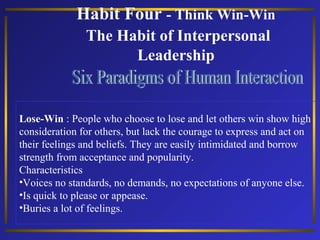Habit Four - Think Win-Win
The Habit of Interpersonal
Leadership

Lose-Win : People who choose to lose and let others win show high
consideration for others, but lack the courage to express and act on
their feelings and beliefs. They are easily intimidated and borrow
strength from acceptance and popularity.
Characteristics
•Voices no standards, no demands, no expectations of anyone else.
•Is quick to please or appease.
•Buries a lot of feelings.

 