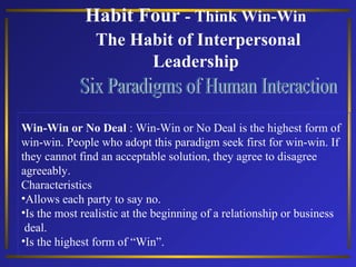 Habit Four - Think Win-Win
The Habit of Interpersonal
Leadership

Win-Win or No Deal : Win-Win or No Deal is the highest form of
win-win. People who adopt this paradigm seek first for win-win. If
they cannot find an acceptable solution, they agree to disagree
agreeably.
Characteristics
•Allows each party to say no.
•Is the most realistic at the beginning of a relationship or business
deal.
•Is the highest form of “Win”.

 
