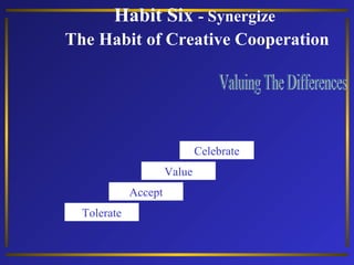 Habit Six - Synergize
The Habit of Creative Cooperation

Celebrate
Value
Accept
Tolerate

 