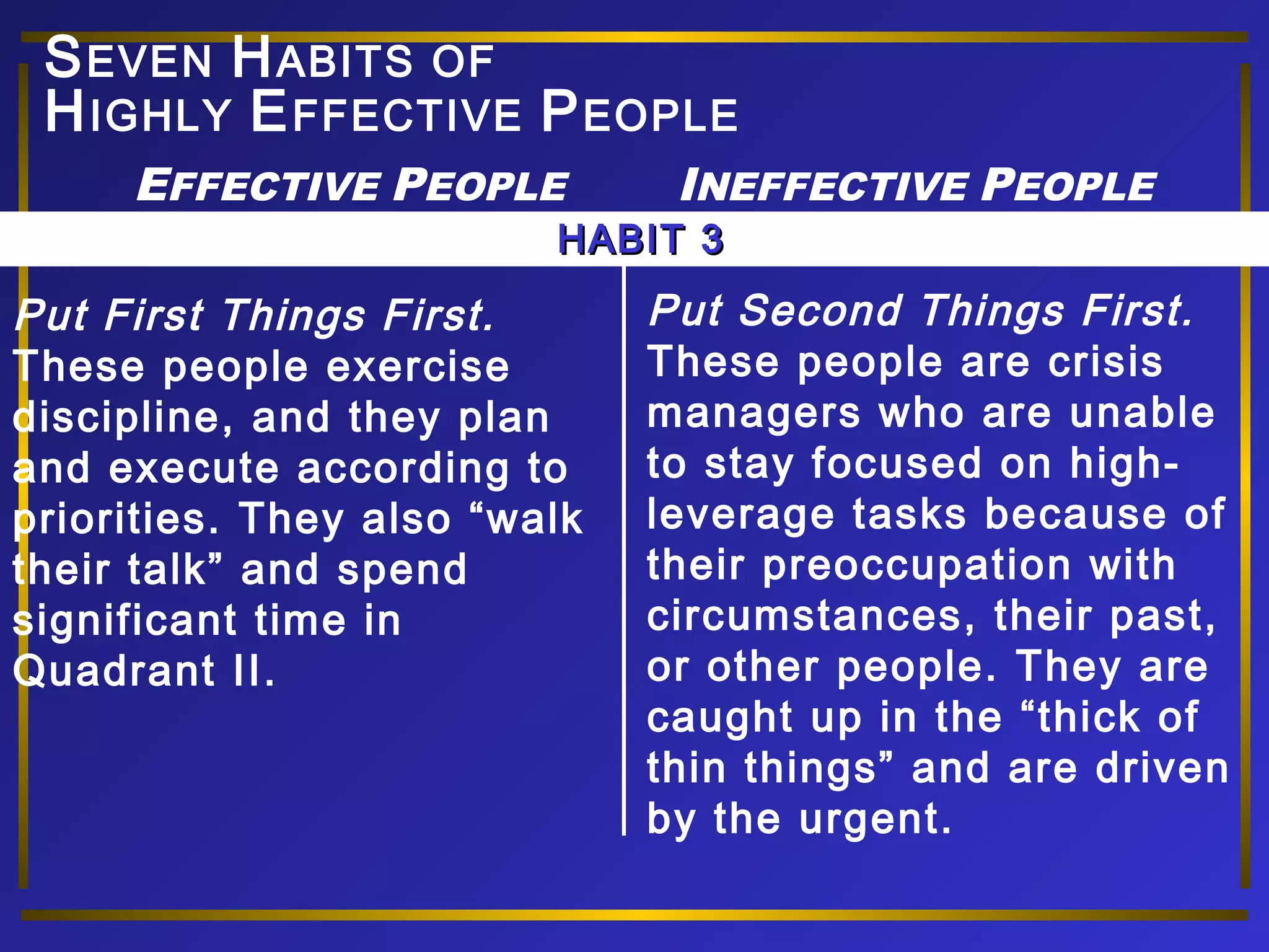 SEVEN HABITS OF 
HIGHLY EFFECTIVE PEOPLE 
EFFECTIVE PEOPLE INEFFECTIVE PEOPLE 
HHAABBIITT 33 
Put First Things First. 
These people exercise 
discipline, and they plan 
and execute according to 
priorities. They also “walk 
their talk” and spend 
significant time in 
Quadrant II. 
Put Second Things First. 
These people are crisis 
managers who are unable 
to stay focused on high-leverage 
tasks because of 
their preoccupation with 
circumstances, their past, 
or other people. They are 
caught up in the “thick of 
thin things” and are driven 
by the urgent. 
 