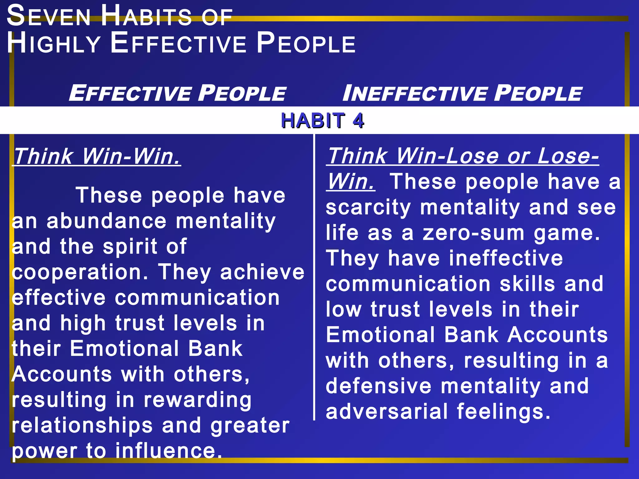 SEVEN HABITS OF 
HIGHLY EFFECTIVE PEOPLE 
EFFECTIVE PEOPLE INEFFECTIVE PEOPLE 
Think Win-Win. 
HHAABBIITT 44 
These people have 
an abundance mentality 
and the spirit of 
cooperation. They achieve 
effective communication 
and high trust levels in 
their Emotional Bank 
Accounts with others, 
resulting in rewarding 
relationships and greater 
power to influence. 
Think Win-Lose or Lose- 
Win. These people have a 
scarcity mentality and see 
life as a zero-sum game. 
They have ineffective 
communication skills and 
low trust levels in their 
Emotional Bank Accounts 
with others, resulting in a 
defensive mentality and 
adversarial feelings. 
 