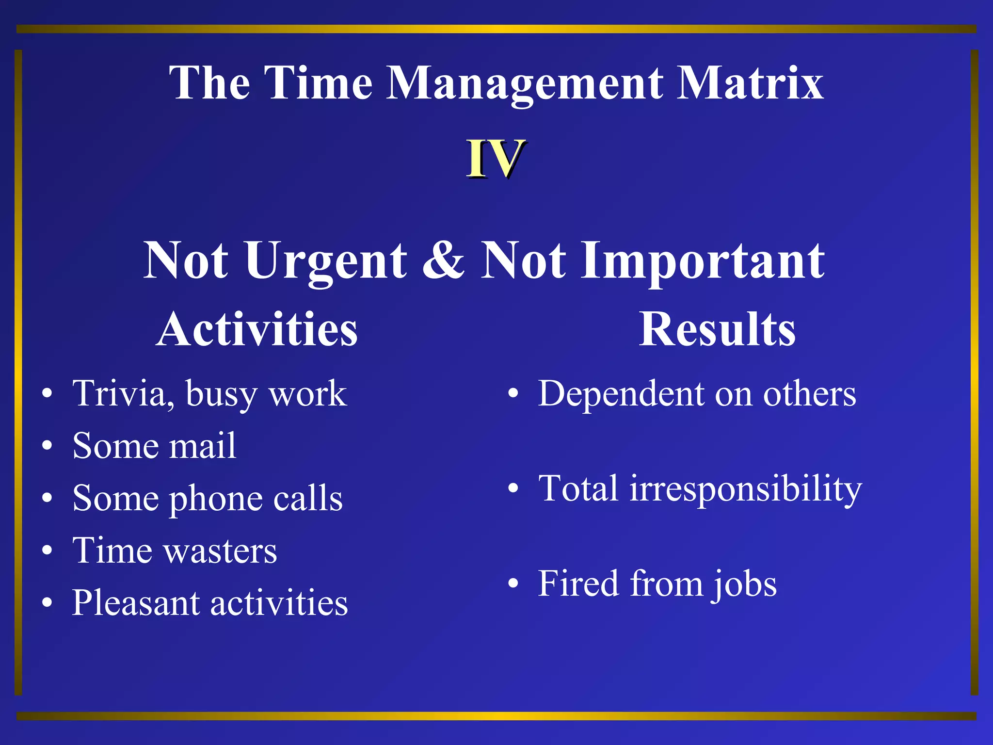 The Time Management Matrix 
IIVV 
Not Urgent & Not Important 
Activities Results 
• Trivia, busy work 
• Some mail 
• Some phone calls 
• Time wasters 
• Pleasant activities 
• Dependent on others 
• Total irresponsibility 
• Fired from jobs 
 