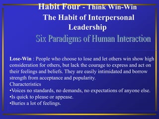 Habit Four - Think Win-Win
The Habit of Interpersonal
Leadership
Lose-Win : People who choose to lose and let others win show high
consideration for others, but lack the courage to express and act on
their feelings and beliefs. They are easily intimidated and borrow
strength from acceptance and popularity.
Characteristics
•Voices no standards, no demands, no expectations of anyone else.
•Is quick to please or appease.
•Buries a lot of feelings.
 