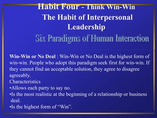 Habit Four - Think Win-Win
The Habit of Interpersonal
Leadership
Win-Win or No Deal : Win-Win or No Deal is the highest form of
win-win. People who adopt this paradigm seek first for win-win. If
they cannot find an acceptable solution, they agree to disagree
agreeably.
Characteristics
•Allows each party to say no.
•Is the most realistic at the beginning of a relationship or business
deal.
•Is the highest form of “Win”.
 