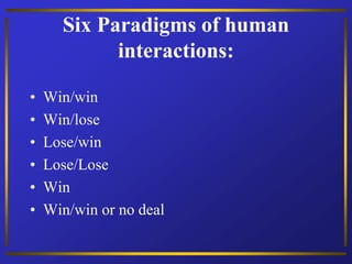 Six Paradigms of human
interactions:
• Win/win
• Win/lose
• Lose/win
• Lose/Lose
• Win
• Win/win or no deal
 