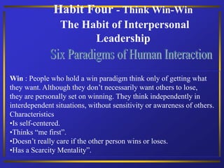 Habit Four - Think Win-Win
The Habit of Interpersonal
Leadership
Win : People who hold a win paradigm think only of getting what
they want. Although they don’t necessarily want others to lose,
they are personally set on winning. They think independently in
interdependent situations, without sensitivity or awareness of others.
Characteristics
•Is self-centered.
•Thinks “me first”.
•Doesn’t really care if the other person wins or loses.
•Has a Scarcity Mentality”.
 