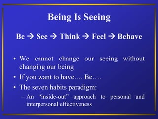 Being Is Seeing
Be  See  Think  Feel  Behave
• We cannot change our seeing without
changing our being
• If you want to have…. Be….
• The seven habits paradigm:
– An “inside-out” approach to personal and
interpersonal effectiveness
 