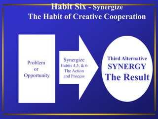 Habit Six - Synergize
The Habit of Creative Cooperation
Problem
or
Opportunity
Synergize
Habits 4,5, & 6
The Action
and Process
Third Alternative
SYNERGY
The Result
 
