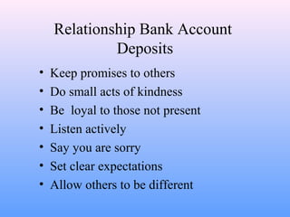 Relationship Bank Account
Deposits
• Keep promises to others
• Do small acts of kindness
• Be loyal to those not present
• Listen actively
• Say you are sorry
• Set clear expectations
• Allow others to be different
 