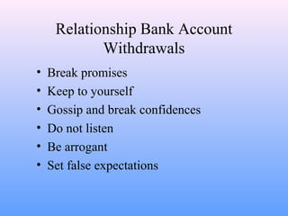 Relationship Bank Account
Withdrawals
• Break promises
• Keep to yourself
• Gossip and break confidences
• Do not listen
• Be arrogant
• Set false expectations
 