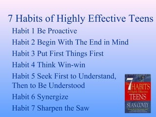 7 Habits of Highly Effective Teens
Habit 1 Be Proactive
Habit 2 Begin With The End in Mind
Habit 3 Put First Things First
Habit 4 Think Win-win
Habit 5 Seek First to Understand,
Then to Be Understood
Habit 6 Synergize
Habit 7 Sharpen the Saw
 