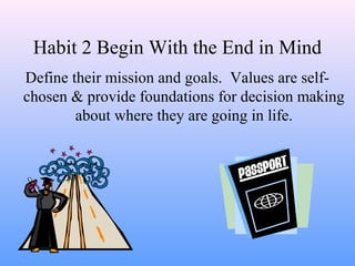 Habit 2 Begin With the End in Mind
Define their mission and goals. Values are self-
chosen & provide foundations for decision making
about where they are going in life.
 