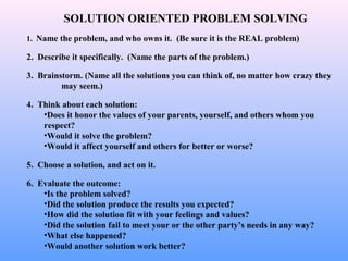 SOLUTION ORIENTED PROBLEM SOLVING
1. Name the problem, and who owns it. (Be sure it is the REAL problem)
2. Describe it specifically. (Name the parts of the problem.)
3. Brainstorm. (Name all the solutions you can think of, no matter how crazy they
may seem.)
4. Think about each solution:
•Does it honor the values of your parents, yourself, and others whom you
respect?
•Would it solve the problem?
•Would it affect yourself and others for better or worse?
5. Choose a solution, and act on it.
6. Evaluate the outcome:
•Is the problem solved?
•Did the solution produce the results you expected?
•How did the solution fit with your feelings and values?
•Did the solution fail to meet your or the other party’s needs in any way?
•What else happened?
•Would another solution work better?
 