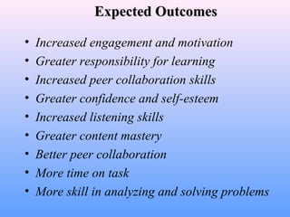 Expected OutcomesExpected Outcomes
• Increased engagement and motivation
• Greater responsibility for learning
• Increased peer collaboration skills
• Greater confidence and self-esteem
• Increased listening skills
• Greater content mastery
• Better peer collaboration
• More time on task
• More skill in analyzing and solving problems
 
