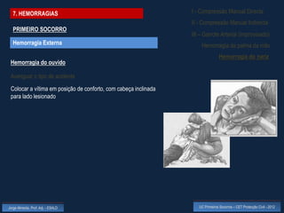 7. HEMORRAGIAS                                                 I - Compressão Manual Directa
                                                                 II - Compressão Manual Indirecta
  PRIMEIRO SOCORRO
                                                                 III – Garrote Arterial (improvisado)
  Hemorragia Externa                                                 Hemorragia da palma da mão
                                                                                 Hemorragia do nariz
 Hemorragia do ouvido

 Averiguar o tipo de acidente
 Colocar a vítima em posição de conforto, com cabeça inclinada
 para lado lesionado




Jorge Almeida, Prof. Adj. - ESALD                                   UC Primeiros Socorros – CET Protecção Civil - 2012
 