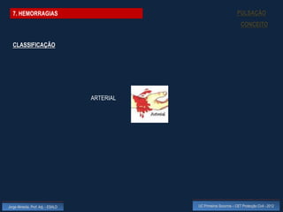 7. HEMORRAGIAS                                                        PULSAÇÃO
                                                                           CONCEITO


  CLASSIFICAÇÃO




                                    ARTERIAL




Jorge Almeida, Prof. Adj. - ESALD              UC Primeiros Socorros – CET Protecção Civil - 2012
 