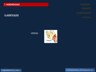7. HEMORRAGIAS                                                      PULSAÇÃO
                                                                         CONCEITO

                                                              CLASSIFICAÇÃO
  CLASSIFICAÇÃO
                                                                          ARTERIAL




                                    VENOSA




Jorge Almeida, Prof. Adj. - ESALD            UC Primeiros Socorros – CET Protecção Civil - 2012
 