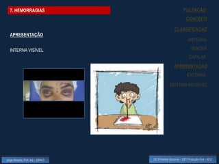7. HEMORRAGIAS                                             PULSAÇÃO
                                                                CONCEITO

                                                     CLASSIFICAÇÃO
  APRESENTAÇÃO
                                                                 ARTERIAL

  INTERNA VISÍVEL                                                  VENOSA
                                                                  CAPILAR
                                                     APRESENTAÇÃO
                                                                EXTERNA

                                                 INTERNA INVISÍVEL




Jorge Almeida, Prof. Adj. - ESALD   UC Primeiros Socorros – CET Protecção Civil - 2012
 