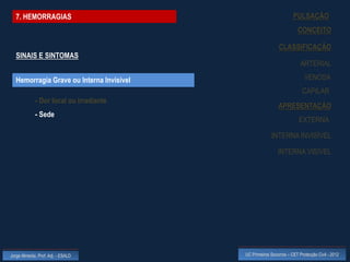 7. HEMORRAGIAS                                                   PULSAÇÃO
                                                                      CONCEITO

                                                           CLASSIFICAÇÃO
  SINAIS E SINTOMAS
                                                                       ARTERIAL

  Hemorragia Grave ou Interna Invisível                                  VENOSA
                                                                        CAPILAR
             - Dor local ou irradiante
                                                           APRESENTAÇÃO
             - Sede
                                                                      EXTERNA

                                                       INTERNA INVISÍVEL

                                                           INTERNA VISÍVEL




Jorge Almeida, Prof. Adj. - ESALD         UC Primeiros Socorros – CET Protecção Civil - 2012
 