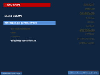 7. HEMORRAGIAS                                                       PULSAÇÃO
                                                                          CONCEITO

                                                               CLASSIFICAÇÃO
  SINAIS E SINTOMAS
                                                                           ARTERIAL

  Hemorragia Grave ou Interna Invisível                                      VENOSA
                                                                            CAPILAR
             - Dor local ou irradiante
                                                               APRESENTAÇÃO
             - Sede
                                                                          EXTERNA
             - Zumbidos
                                                           INTERNA INVISÍVEL
             - Dificuldade gradual da visão
                                                               INTERNA VISÍVEL




Jorge Almeida, Prof. Adj. - ESALD             UC Primeiros Socorros – CET Protecção Civil - 2012
 