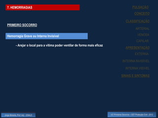 7. HEMORRAGIAS                                                                                           PULSAÇÃO
                                                                                                              CONCEITO

                                                                                                   CLASSIFICAÇÃO
  PRIMEIRO SOCORRO
                                                                                                               ARTERIAL

  Hemorragia Grave ou Interna Invisível                                                                          VENOSA
                                                                                                                CAPILAR
             - Arejar o local para a vítima poder ventilar de forma mais eficaz
                                                                                                   APRESENTAÇÃO
                                                                                                              EXTERNA

                                                                                               INTERNA INVISÍVEL

                                                                                                   INTERNA VISÍVEL

                                                                                              SINAIS E SINTOMAS




Jorge Almeida, Prof. Adj. - ESALD                                                 UC Primeiros Socorros – CET Protecção Civil - 2012
 
