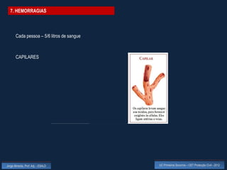 7. HEMORRAGIAS



       Cada pessoa – 5/6 litros de sangue



       CAPILARES




Jorge Almeida, Prof. Adj. - ESALD           UC Primeiros Socorros – CET Protecção Civil - 2012
 