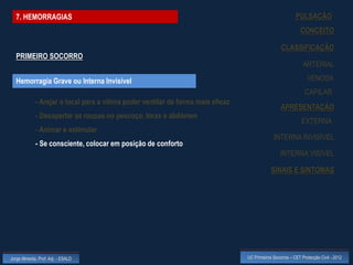 7. HEMORRAGIAS                                                                                           PULSAÇÃO
                                                                                                              CONCEITO

                                                                                                   CLASSIFICAÇÃO
  PRIMEIRO SOCORRO
                                                                                                               ARTERIAL

  Hemorragia Grave ou Interna Invisível                                                                          VENOSA
                                                                                                                CAPILAR
             - Arejar o local para a vítima poder ventilar de forma mais eficaz
                                                                                                   APRESENTAÇÃO
             - Desapertar as roupas no pescoço, tórax e abdómen
                                                                                                              EXTERNA
             - Animar e estimular
                                                                                               INTERNA INVISÍVEL
             - Se consciente, colocar em posição de conforto
                                                                                                   INTERNA VISÍVEL

                                                                                              SINAIS E SINTOMAS




Jorge Almeida, Prof. Adj. - ESALD                                                 UC Primeiros Socorros – CET Protecção Civil - 2012
 