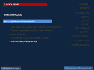 7. HEMORRAGIAS                                                                                           PULSAÇÃO
                                                                                                              CONCEITO

                                                                                                   CLASSIFICAÇÃO
  PRIMEIRO SOCORRO
                                                                                                               ARTERIAL

  Hemorragia Grave ou Interna Invisível                                                                          VENOSA
                                                                                                                CAPILAR
             - Arejar o local para a vítima poder ventilar de forma mais eficaz
                                                                                                   APRESENTAÇÃO
             - Desapertar as roupas no pescoço, tórax e abdómen
                                                                                                              EXTERNA
             - Animar e estimular
                                                                                               INTERNA INVISÍVEL
             - Se consciente, colocar em posição de conforto
                                                                                                   INTERNA VISÍVEL
             - Se inconsciente, colocar em PLS
                                                                                              SINAIS E SINTOMAS




Jorge Almeida, Prof. Adj. - ESALD                                                 UC Primeiros Socorros – CET Protecção Civil - 2012
 