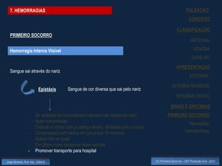 7. HEMORRAGIAS                                                                                               PULSAÇÃO
                                                                                                                  CONCEITO

                                                                                                       CLASSIFICAÇÃO
  PRIMEIRO SOCORRO
                                                                                                                   ARTERIAL

  Hemorragia Interna Visível                                                                                         VENOSA
                                                                                                                    CAPILAR
                                                                                                       APRESENTAÇÃO
  Sangue sai através do nariz
                                                                                                                  EXTERNA

                                                                                                   INTERNA INVISÍVEL
                           Epistáxis     Sangue de cor diversa que sai pelo nariz
                                                                                                       INTERNA VISÍVEL

                                                                                                  SINAIS E SINTOMAS
                  -     Se suspeita de traumatismo craniano não tamponar nem                    PRIMEIRO SOCORRO
                        fazer compressão                                                                          Hemoptise
                  -     Colocar a vítima com a cabeça direita, alinhada com o corpo
                  -     Compressão com dedos em pinça por 10 minutos                                          Hematemese
                  -     Aplicar frio no local
                  -     Em último caso tamponar duas narinas
                  -     Promover transporte para hospital

Jorge Almeida, Prof. Adj. - ESALD                                                     UC Primeiros Socorros – CET Protecção Civil - 2012
 