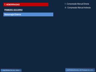 7. HEMORRAGIAS                    I - Compressão Manual Directa
                                    II - Compressão Manual Indirecta
  PRIMEIRO SOCORRO

  Hemorragia Externa




Jorge Almeida, Prof. Adj. - ESALD      UC Primeiros Socorros – CET Protecção Civil - 2012
 