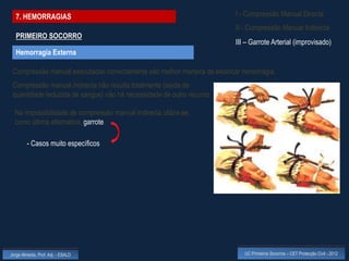 7. HEMORRAGIAS                                                         I - Compressão Manual Directa
                                                                         II - Compressão Manual Indirecta
  PRIMEIRO SOCORRO
                                                                         III – Garrote Arterial (improvisado)
  Hemorragia Externa

 Compressão manual executadas correctamente são melhor maneira de estancar hemorragia.
 Compressão manual indirecta não resulta totalmente (saída de
 quantidade reduzida de sangue) não há necessidade de outro recurso

  Na impossibilidade de compressão manual indirecta utiliza-se,
  como última alternativa, garrote.

         - Casos muito específicos




Jorge Almeida, Prof. Adj. - ESALD                                           UC Primeiros Socorros – CET Protecção Civil - 2012
 