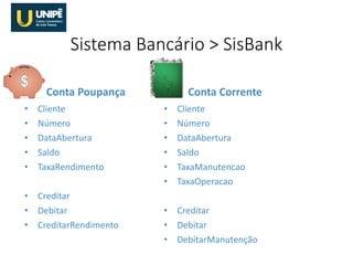 Conta Poupança
• Cliente
• Número
• DataAbertura
• Saldo
• TaxaRendimento
• Creditar
• Debitar
• CreditarRendimento
Conta Corrente
• Cliente
• Número
• DataAbertura
• Saldo
• TaxaManutencao
• TaxaOperacao
• Creditar
• Debitar
• DebitarManutenção
Sistema Bancário > SisBank
 