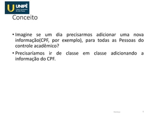 Conceito
• Imagine se um dia precisarmos adicionar uma nova
informação(CPF, por exemplo), para todas as Pessoas do
controle acadêmico?
• Precisaríamos ir de classe em classe adicionando a
informação do CPF.
Herança 6
 