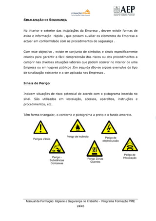 Manual de Formação: Higiene e Segurança no Trabalho - Programa Formação PME
24/45
SINALIZAÇÃO DE SEGURANÇA
No interior e exterior das instalações da Empresa , devem existir formas de
aviso e informação rápida , que possam auxiliar os elementos da Empresa a
actuar em conformidade com os procedimentos de segurança .
Com este objectivo , existe m conjunto de símbolos e sinais especificamente
criados para garantir a fácil compreensão dos riscos ou dos procedimentos a
cumprir nas diversas situações laborais que podem ocorrer no interior de uma
Empresa ou em lugares públicos .Em seguida dão-se alguns exemplos do tipo
de sinalização existente e a ser aplicada nas Empresas .
Sinais de Perigo
Indicam situações de risco potencial de acordo com o pictograma inserido no
sinal. São utilizados em instalação, acessos, aparelhos, instruções e
procedimentos, etc..
Têm forma triangular, o contorno e pictograma a preto e o fundo amarelo.
P
Perigo de
IntoxicaçãoPerigo -
Substâncias
Corrosivas
Perigo Zonas
Quentes
Perigo de
electrocussão
Perigo de incêndio
Perigos Vários
 