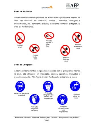 Manual de Formação: Higiene e Segurança no Trabalho - Programa Formação PME
25/45
Sinais de Proibição
Indicam comportamentos proibidos de acordo com o pictograma inserido no
sinal. São utilizados em instalação, acessos , aparelhos, instruções e
procedimentos, etc.. Têm forma circular, o contorno vermelho, pictograma a
preto e o fundo branco.
Sinais de Obrigação
Indicam comportamentos obrigatórios de acordo com o pictograma inserido
no sinal. São utilizados em instalação, acessos, aparelhos, instruções e
procedimentos, etc.. Têm forma circular, fundo azul e pictograma a branco
P
Proibido
lavar as
mãos
Proibido
beber
água
Proibido
apagar com
água
Proibido
foguear /
fazer
fogo
Proibido
fumar
P
Protecção obrigatória
dos olhos
Protecção
obrigatória
das mãos
Protecção
obrigatória dos
olhos e vias
respiratórias
Protecção
obrigatório das
vias
respiratórias
Obrigatóri
o lavar as
mãos
 