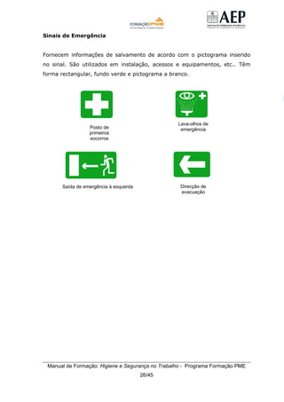 Manual de Formação: Higiene e Segurança no Trabalho - Programa Formação PME
26/45
Sinais de Emergência
Fornecem informações de salvamento de acordo com o pictograma inserido
no sinal. São utilizados em instalação, acessos e equipamentos, etc.. Têm
forma rectangular, fundo verde e pictograma a branco.
P
Posto de
primeiros
socorros
Saída de emergência à esquerda Direcção de
evacuação
Lava-olhos de
emergência
 