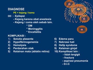 DIAGNOSE
    PE + kejang / koma
DD : - Epilepsi
   - Kejang karena obat anestesia
   - Kejang / coma oleh sebab lain.
               * DM
               * Meninggitis
               * Encefalitis
KOMPLIKASI :
1) Solutio plasenta                   6) Edema paru
2) Hypofibrinogenemia                 7) Nekrose hati
3) Hemolysis                          8) Hellp syndome
4) Perdarahan otak                    9) Kelainan ginjal
5) Kelainan mata (ablatio retina)     10) Komplikasi lain :
                                             - lidah tergigit
                                             - fractura
                                            - aspirasi pneumonia
                                            - D.I.C
 